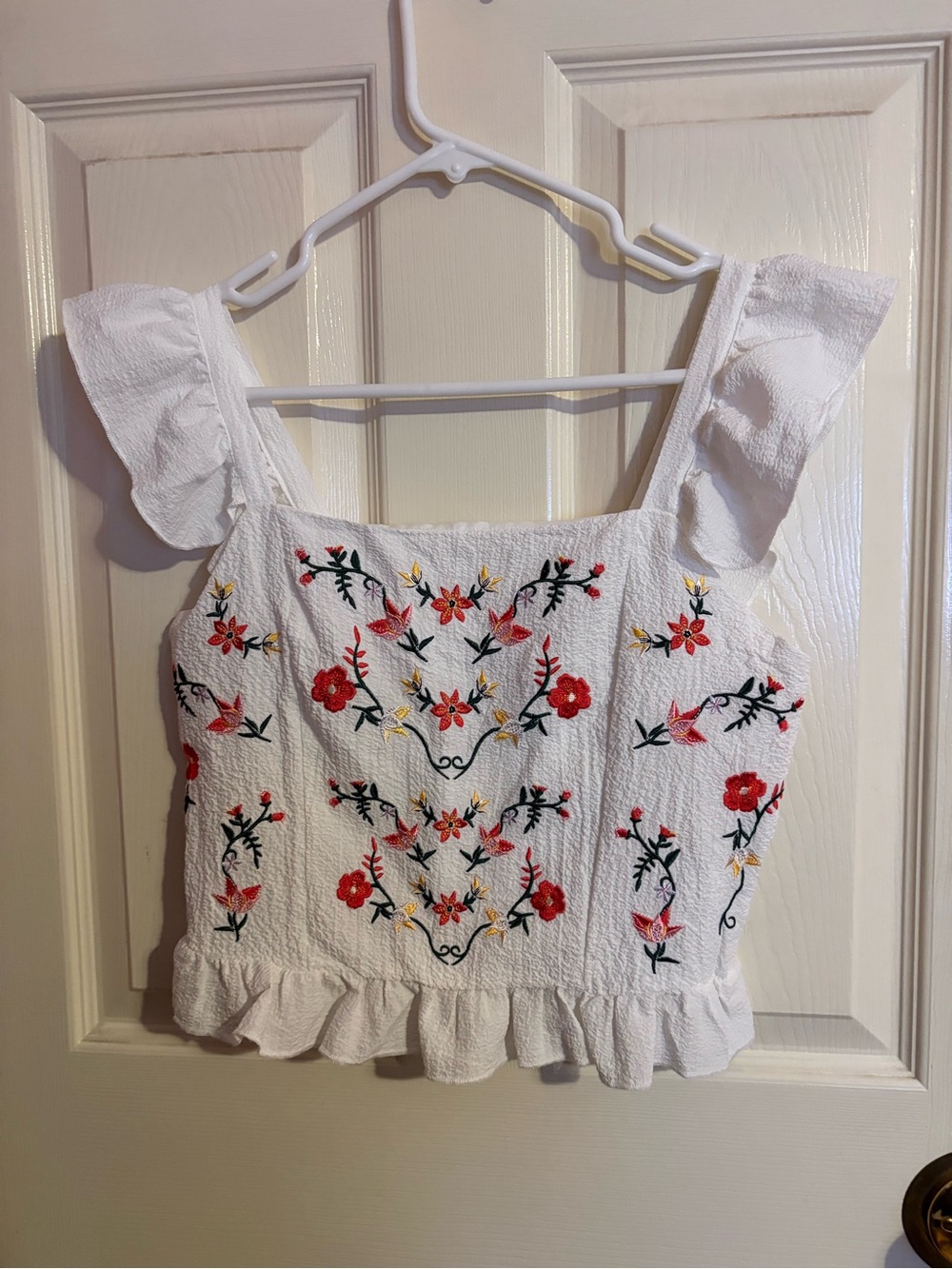 White Floral Embroidered Ruffle Crop Top